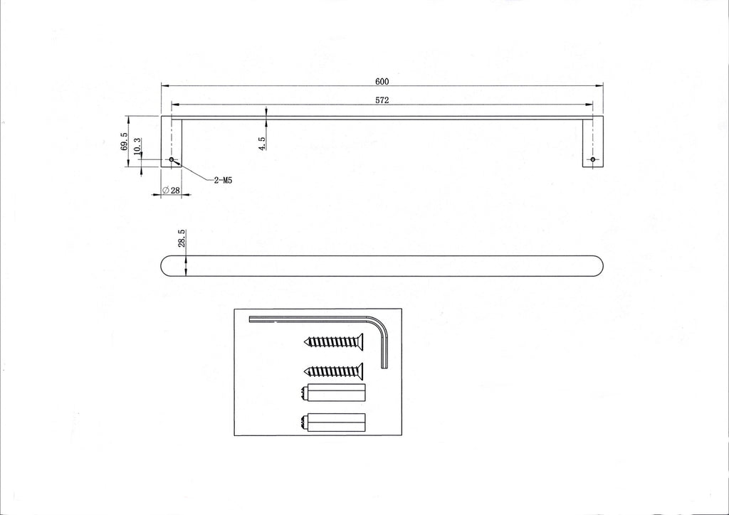 Stainless steel brushed nickel 600mm single towel rail