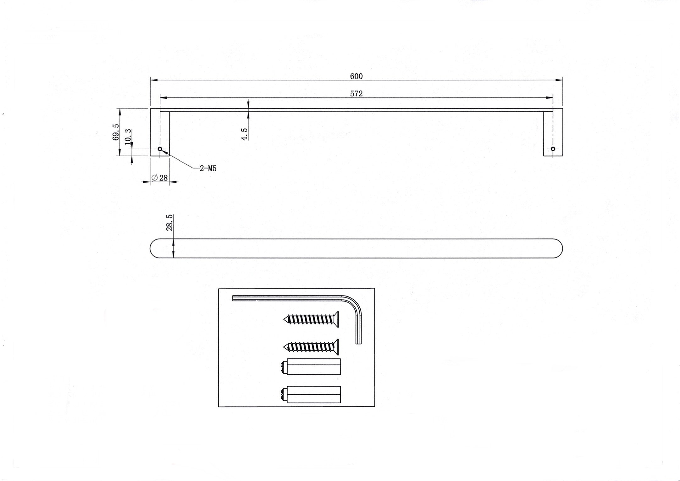 Stainless steel brushed nickel 600mm single towel rail