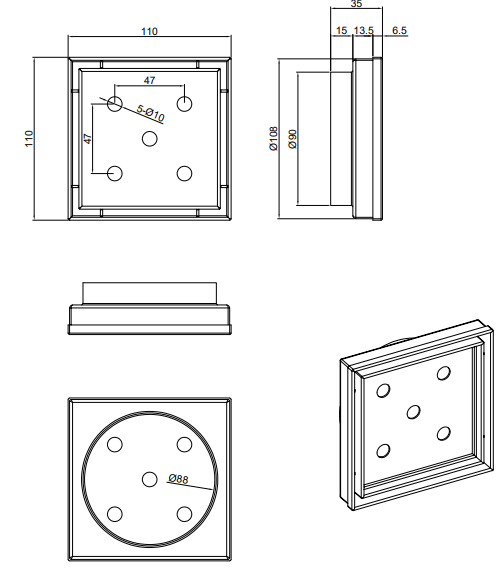 Stainless steel chrome square tile insert with 90mm outlet