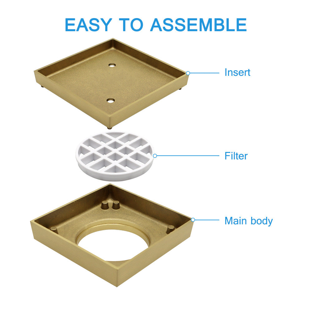 Brass brushed gold square tile insert with 90mm outlet